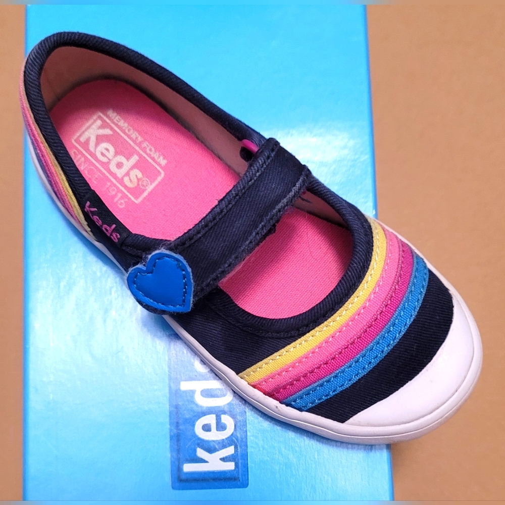 Used Keds Memory Foam Navy Blue with Rainbow Velcro Girl's tennis shoes.